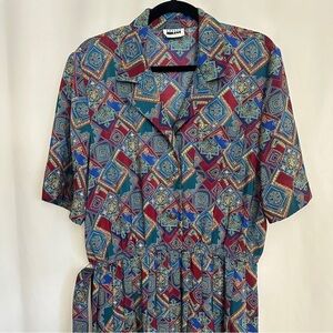 Vintage 80s Leslie Fay Women's Geometric Print Pleated Midi Dress sz 14